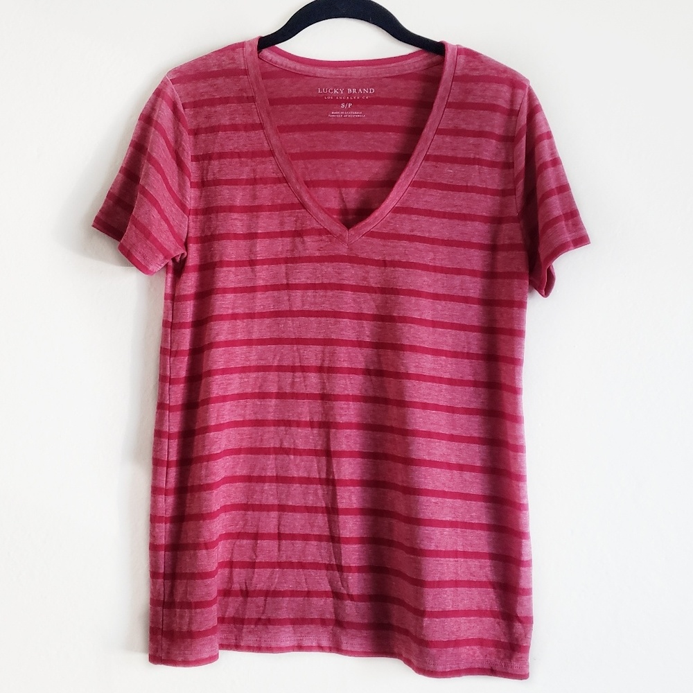 Lucky Brand V-Neck Pink Striped T-Shirt, S…